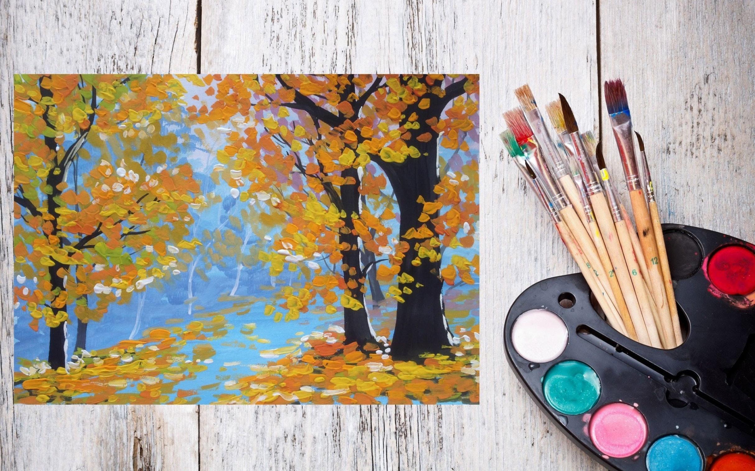 Осенний пейзаж гуашью. Поэтапное рисование для детей с фото