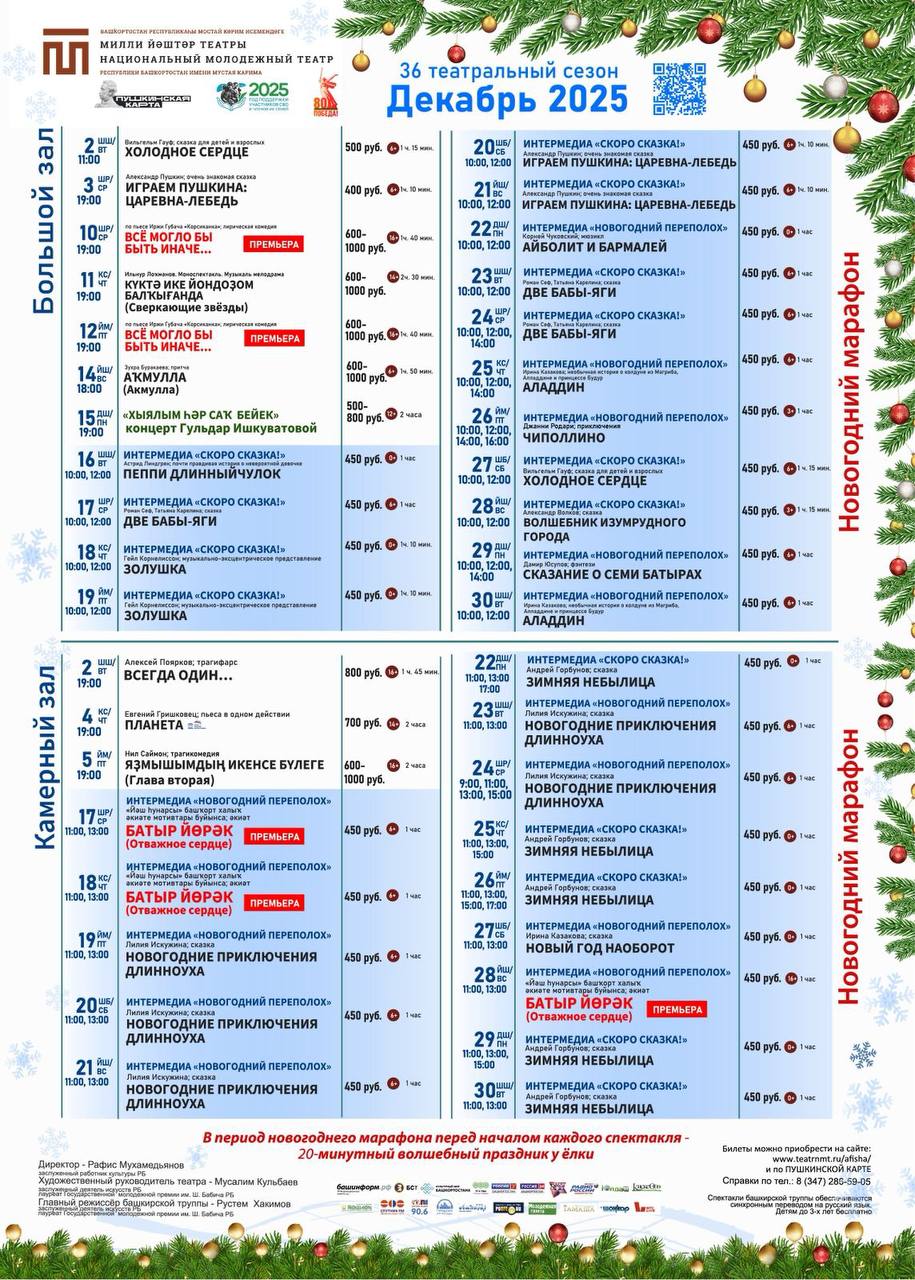 Репертуарный план Национального молодёжного театра РБ им. М. Карима на декабрь 2025 г.